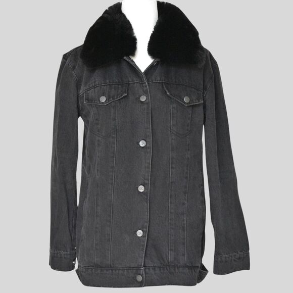 BLUE REVIVAL Women's %100 Cotton Black Denim Jacket With Fur Trim Size S - Picture 1 of 9